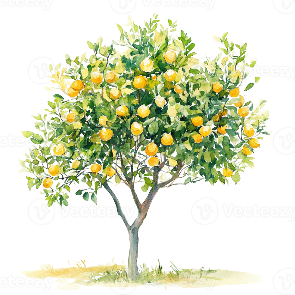 A watercolor painting depicts a tree laden with ripe yellow fruit png