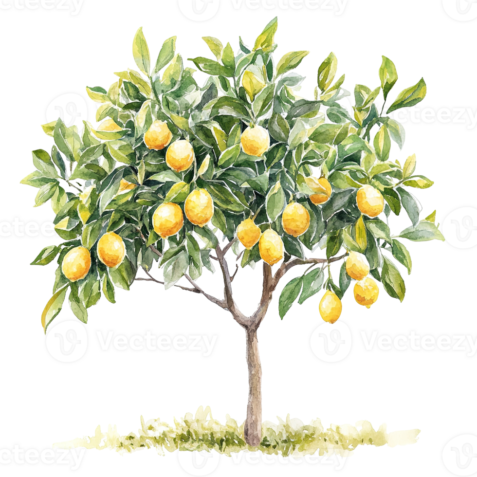 A vibrant watercolor painting depicts a lush lemon bearing tree png