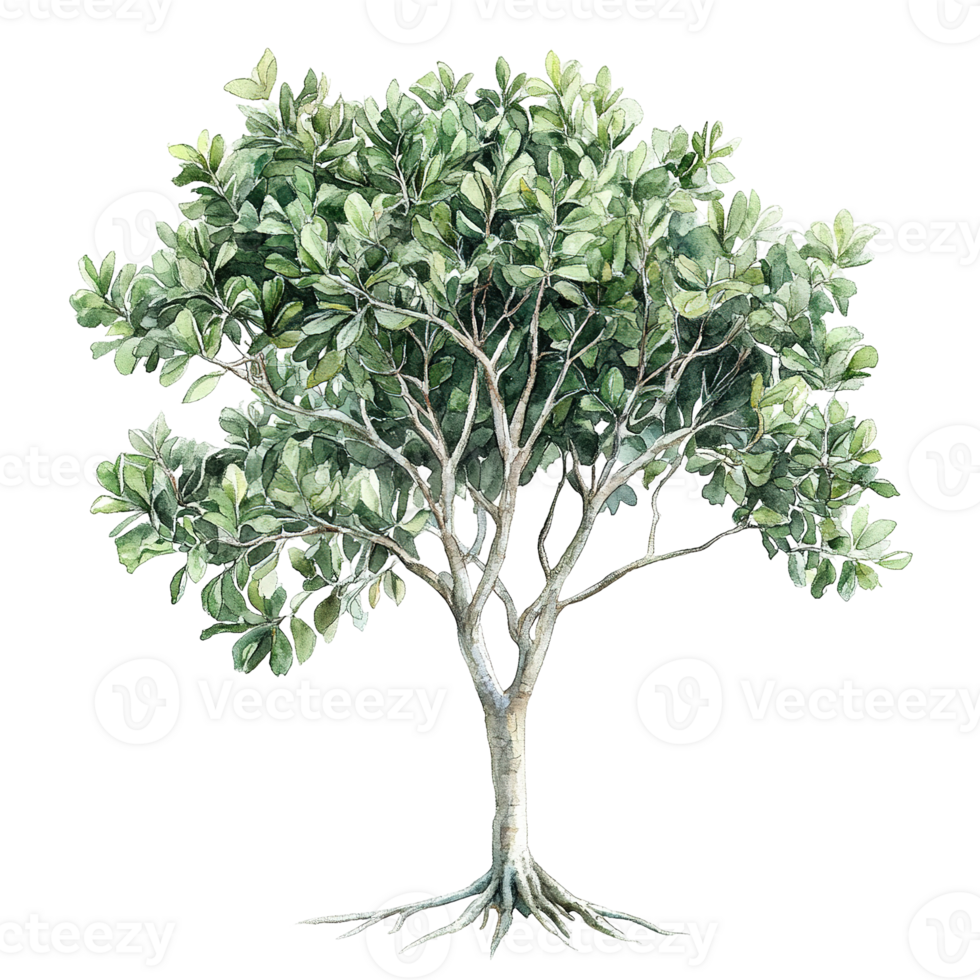 A watercolor painting depicts a leafy tree with exposed roots png