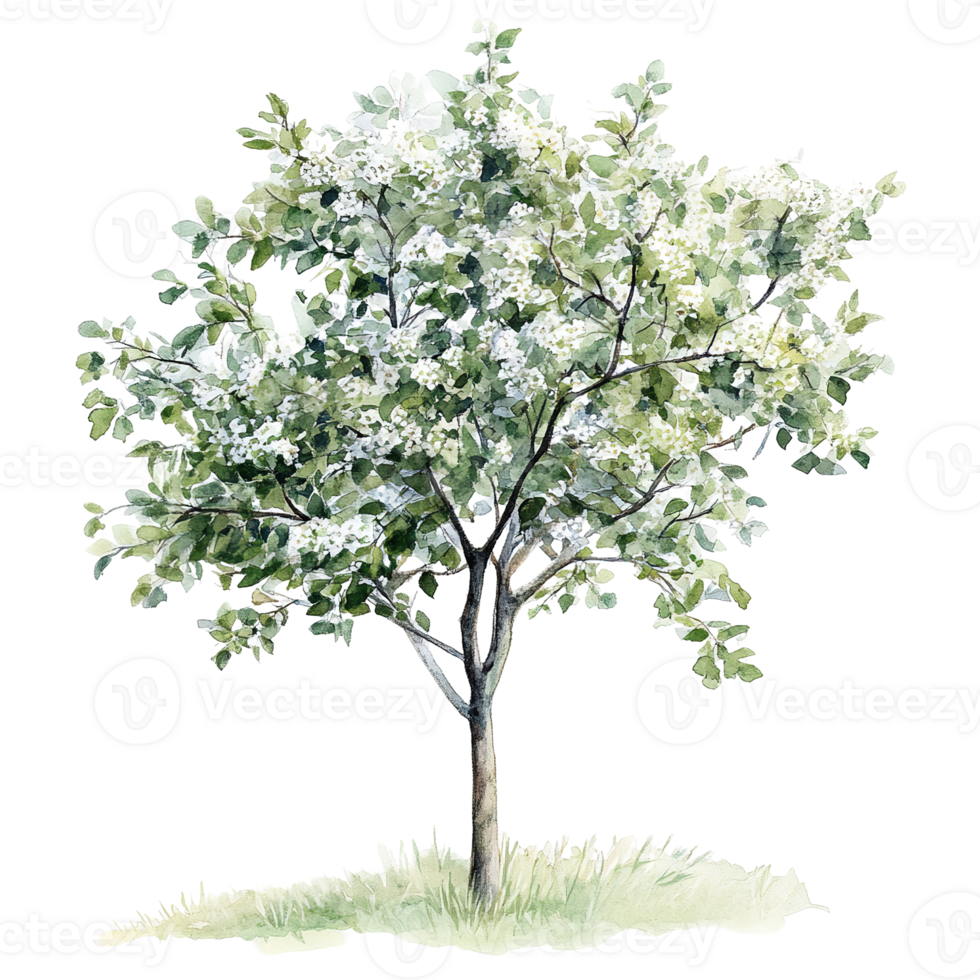 Watercolor Painting Depicting a Small Flowering Tree in Nature png