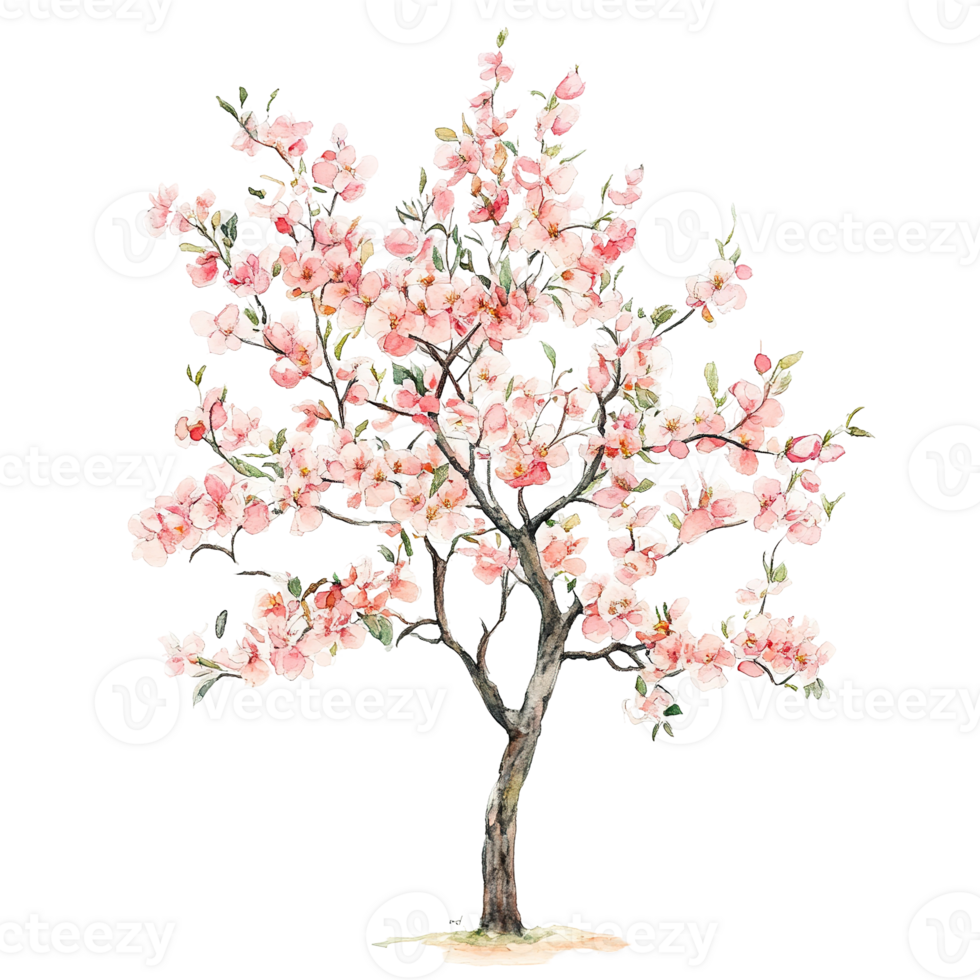 A watercolor painting depicts a flowering tree with pink blossoms png