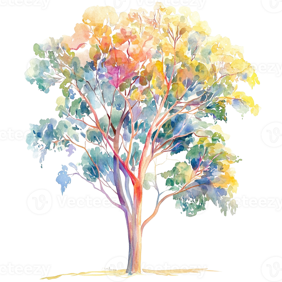 A beautifully painted watercolor tree showing many vibrant colors present png