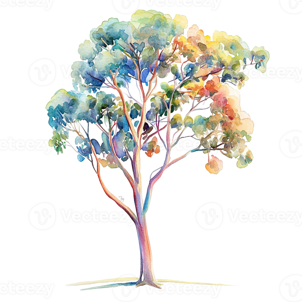 A colorful watercolor painting showing a detailed tree illustration png