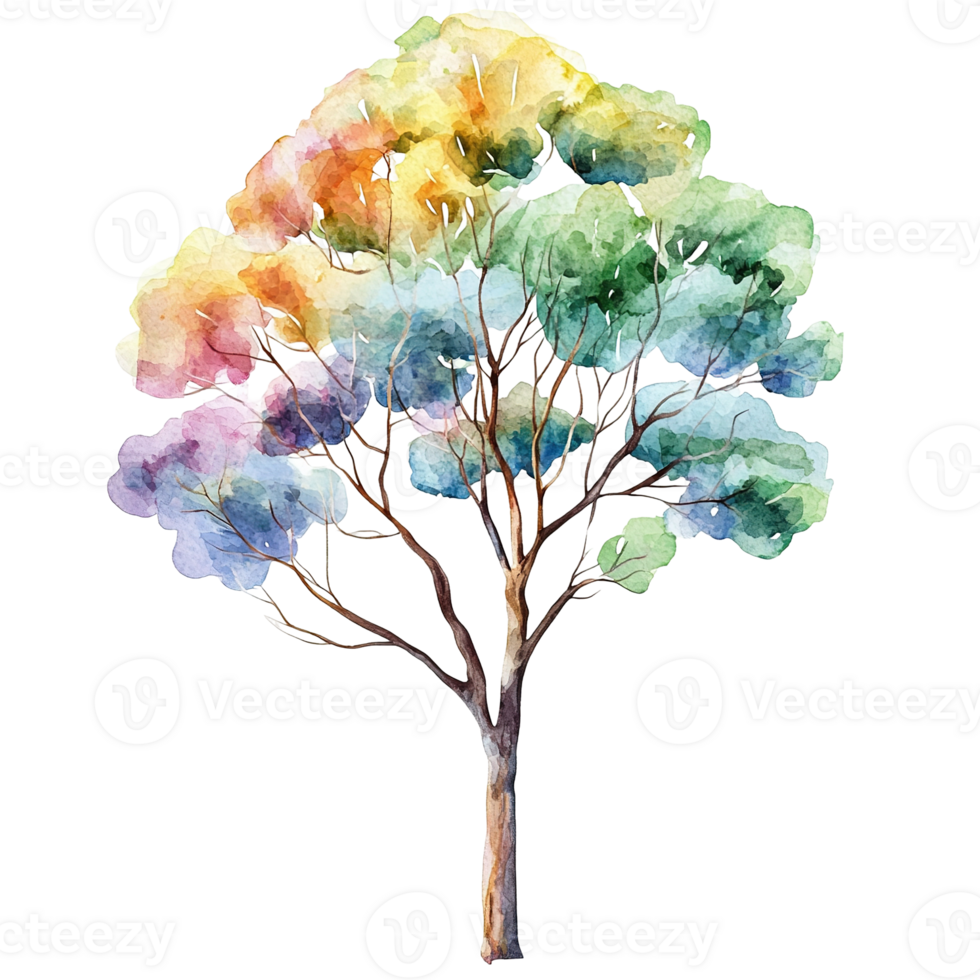 A colorful watercolor painting depicting a stylized tree with many colors png
