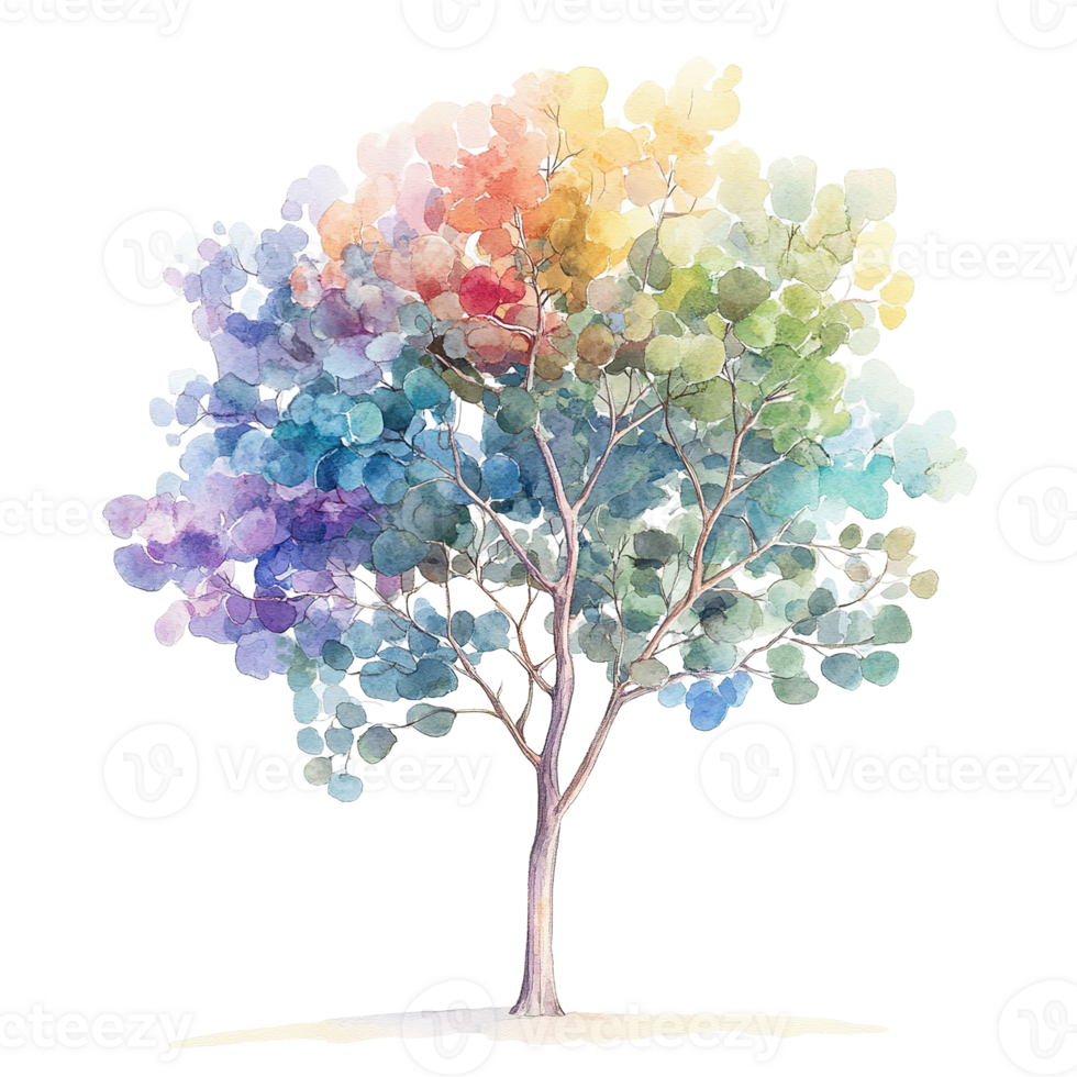 Watercolor painting of a tree with colorful leaves in full bloom png