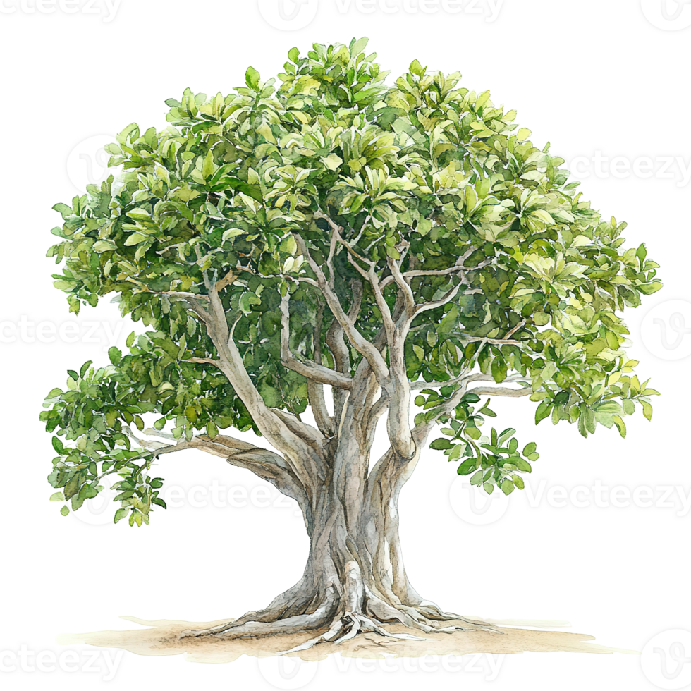 A watercolor painting showing a large tree with green leaves png