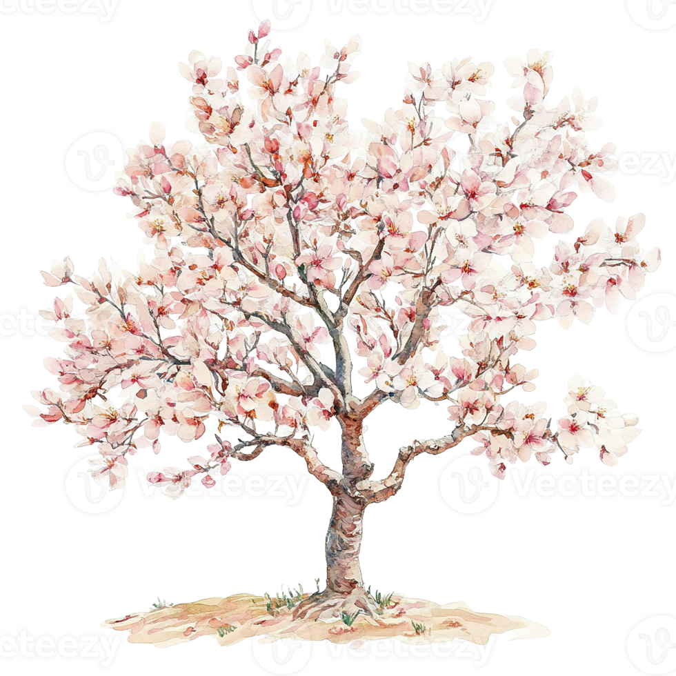 A watercolor painting of a blossoming tree with delicate pink flowers png