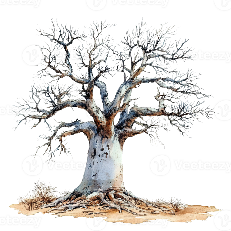 A majestic and ancient watercolor illustration of a baobab tree png