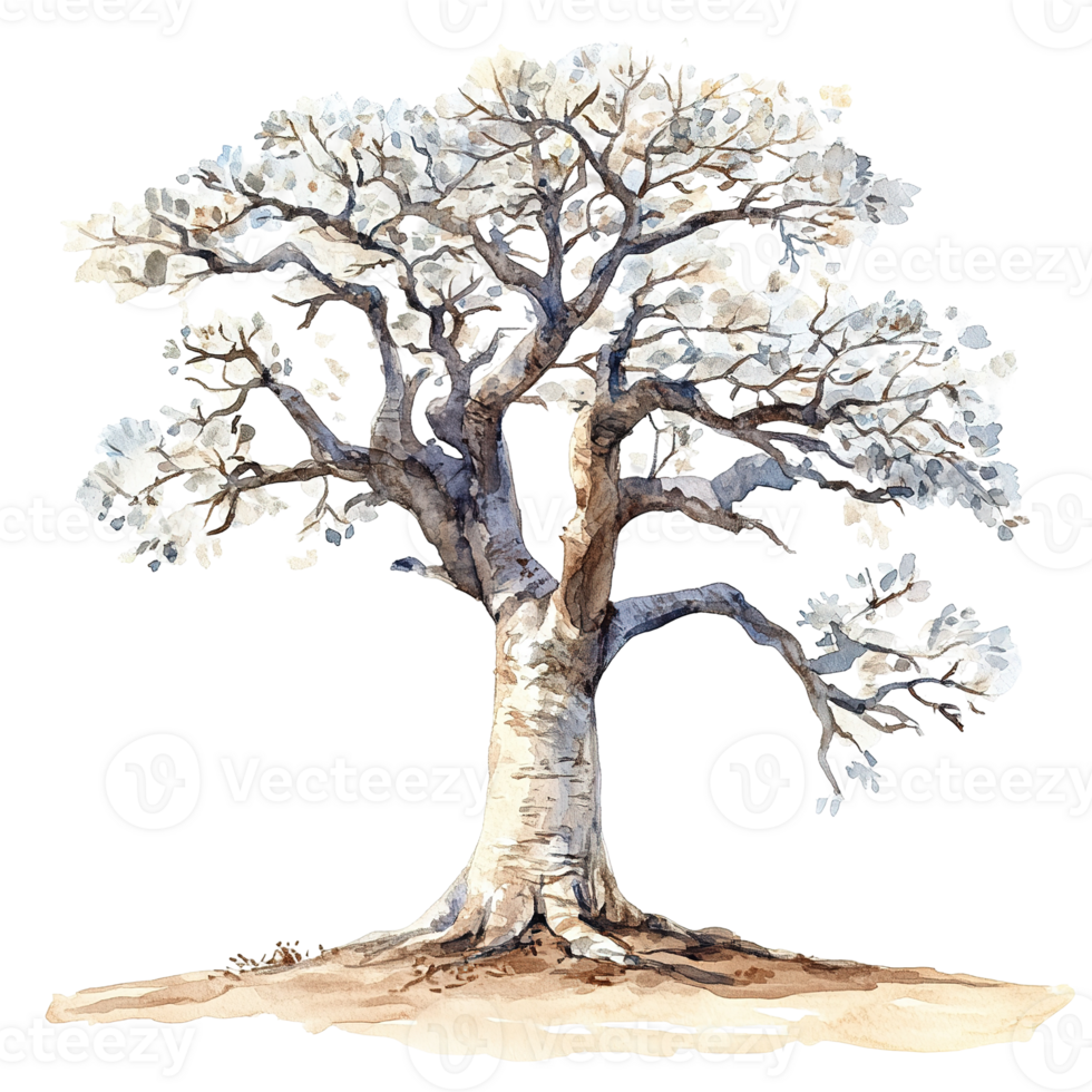 A watercolor painting of a tree with white blossoms on branches png
