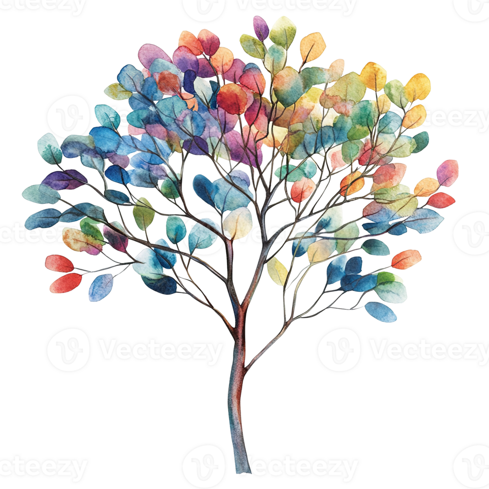 A watercolor painting depicting a tree with colorful leaves and branches png