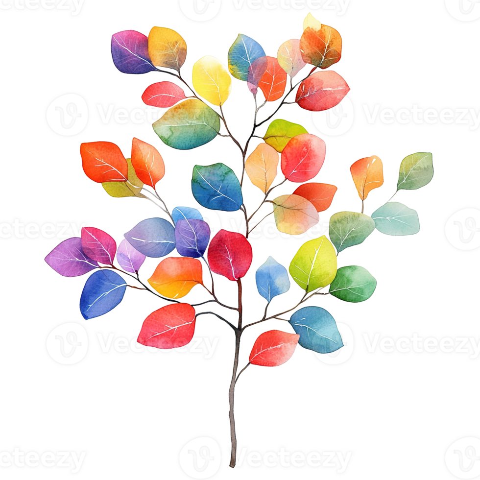 Colorful artistic illustration of a tree branch with vibrant leaves png