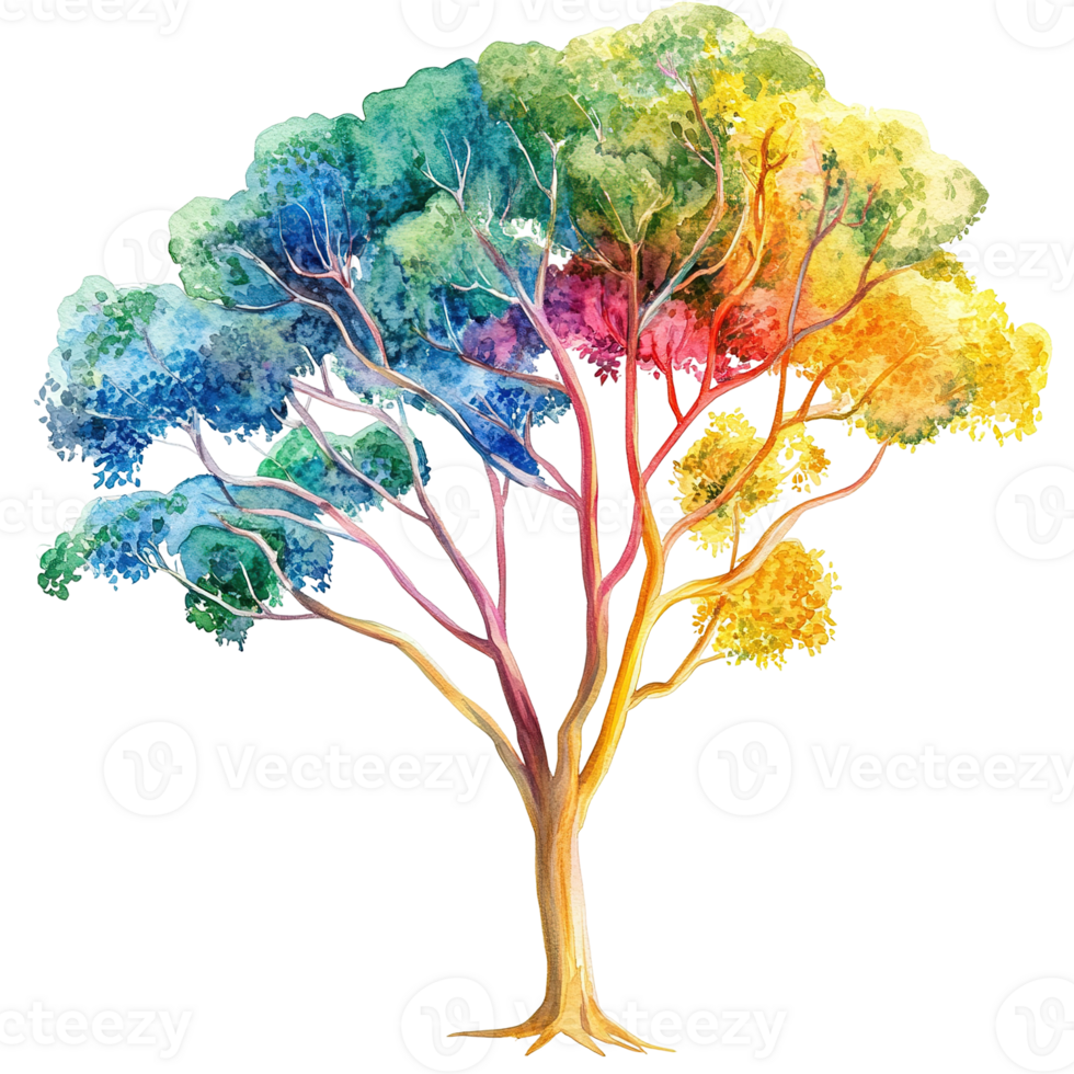 A whimsical watercolor painting depicting a vibrant colorful tree png