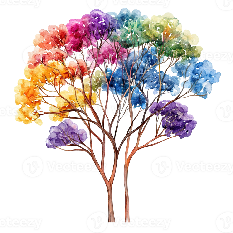 A whimsical colorful watercolor tree with branches and vibrant leaves png