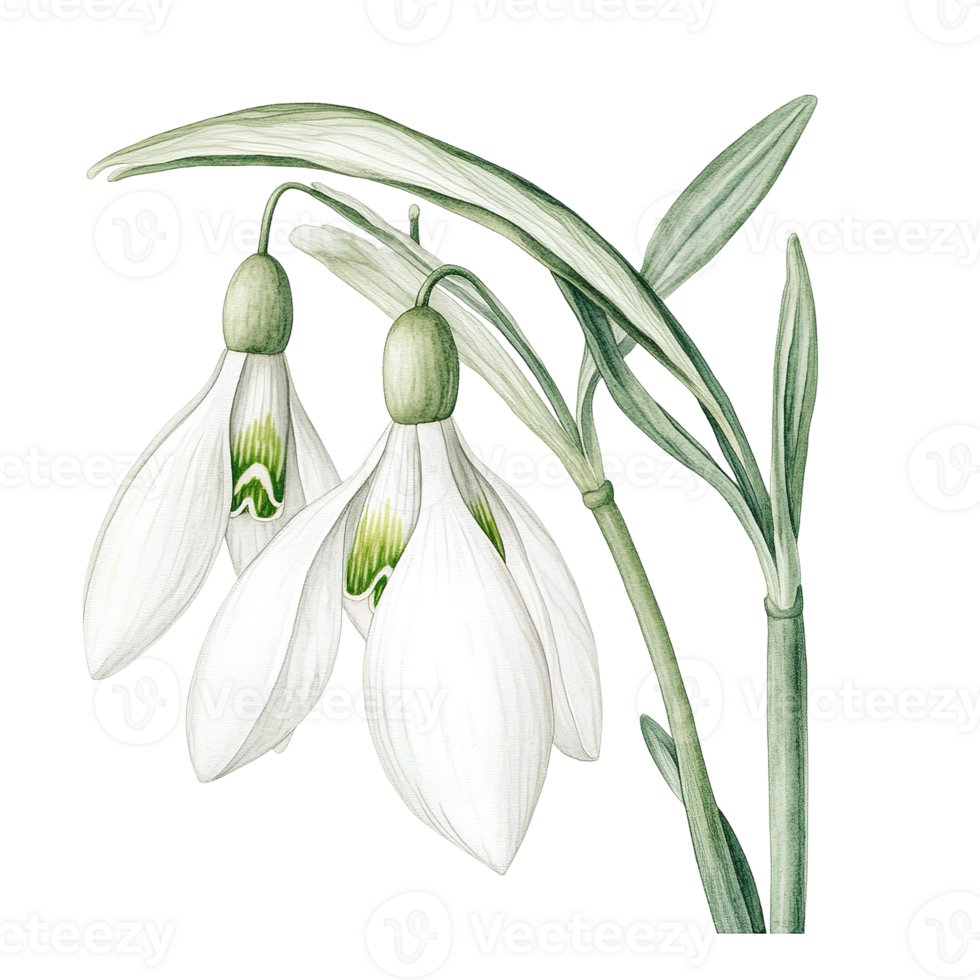 Two delicate snowdrop flowers with green stems and leaves are shown png
