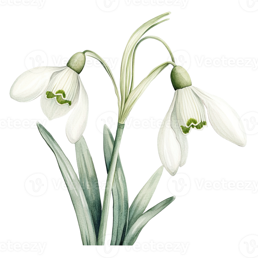A delicate watercolor illustration of two snowdrop flowers and their leaves png