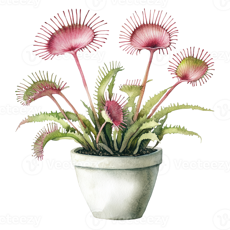 A watercolor depiction of a carnivorous plant in a white pot png