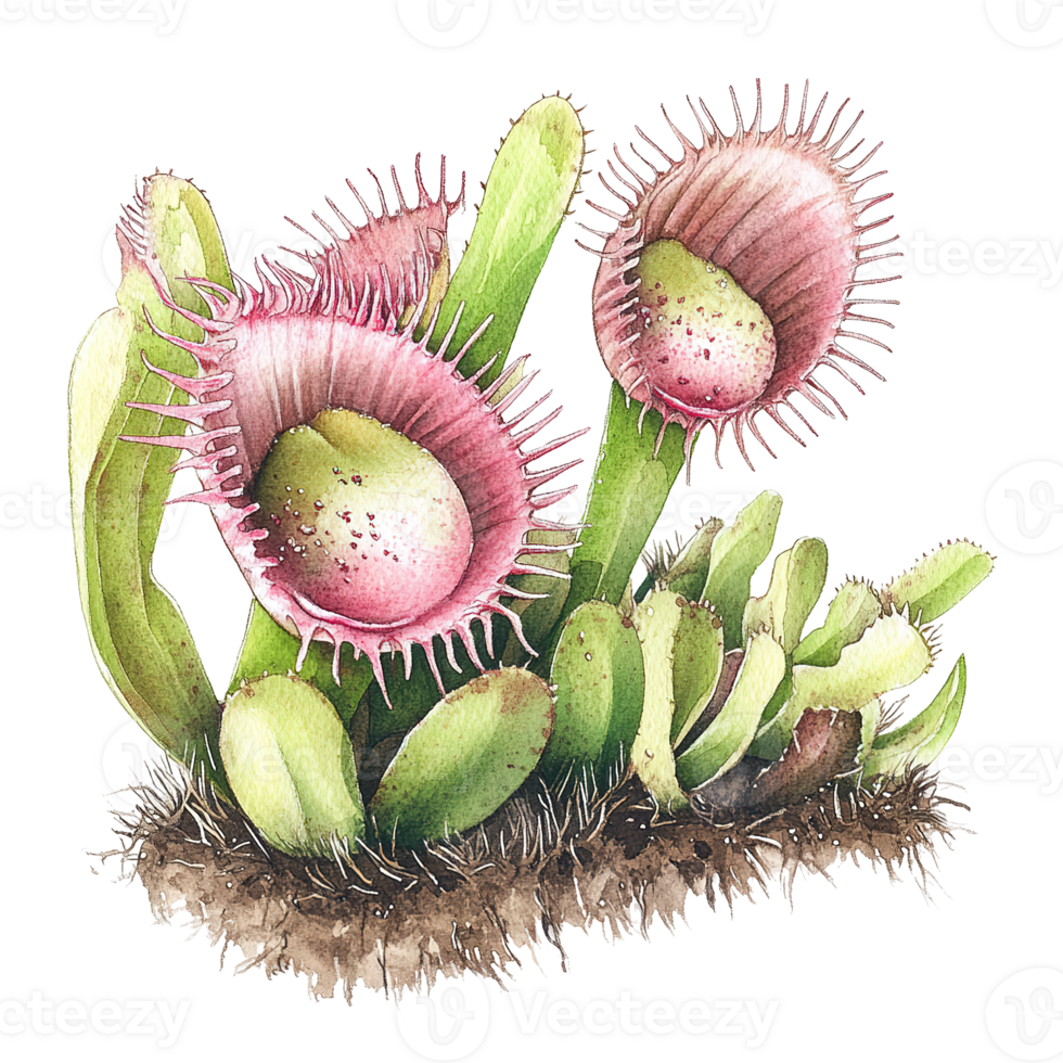 A colorful watercolor painting depicts a carnivorous plant close up png