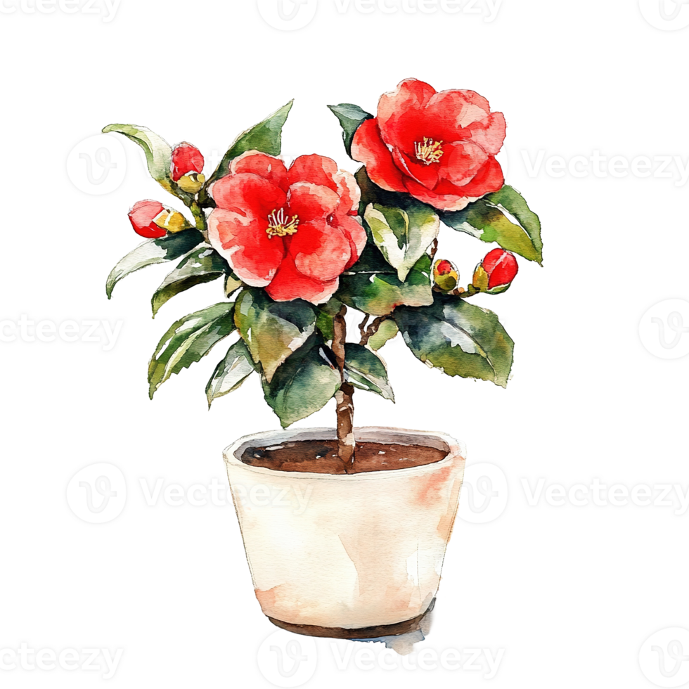 Watercolor painting of a potted plant with red flowering blooms png