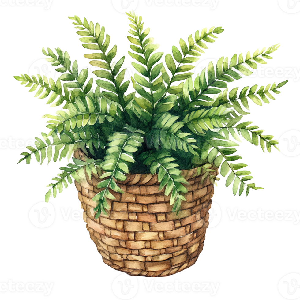 An illustration of a green fern plant in a woven basket png
