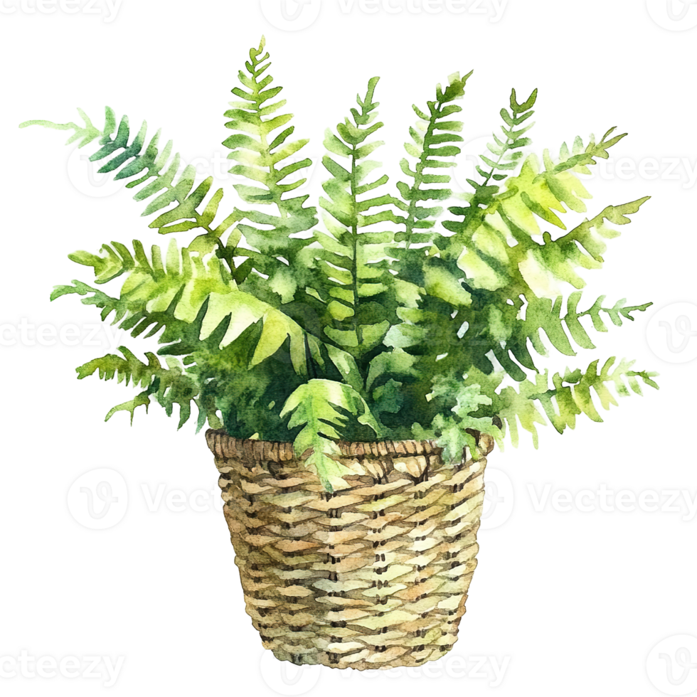 A detailed watercolor painting depicts a fern plant in a woven basket png