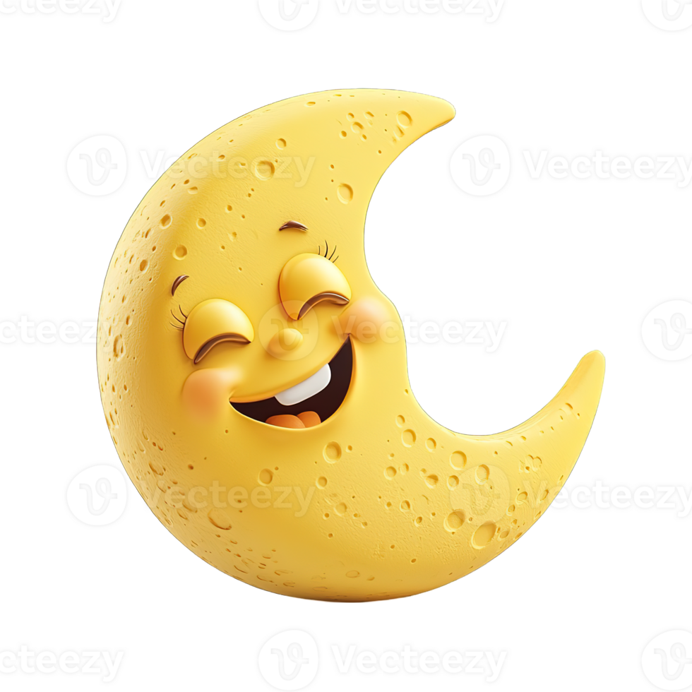 A cheerful cartoon crescent moon with a smiling expression png