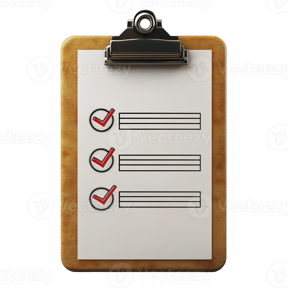 A wooden clipboard featuring a checklist with red checkmarks displayed png