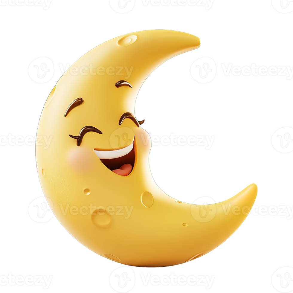 A smiling cartoon crescent moon with friendly and happy features png