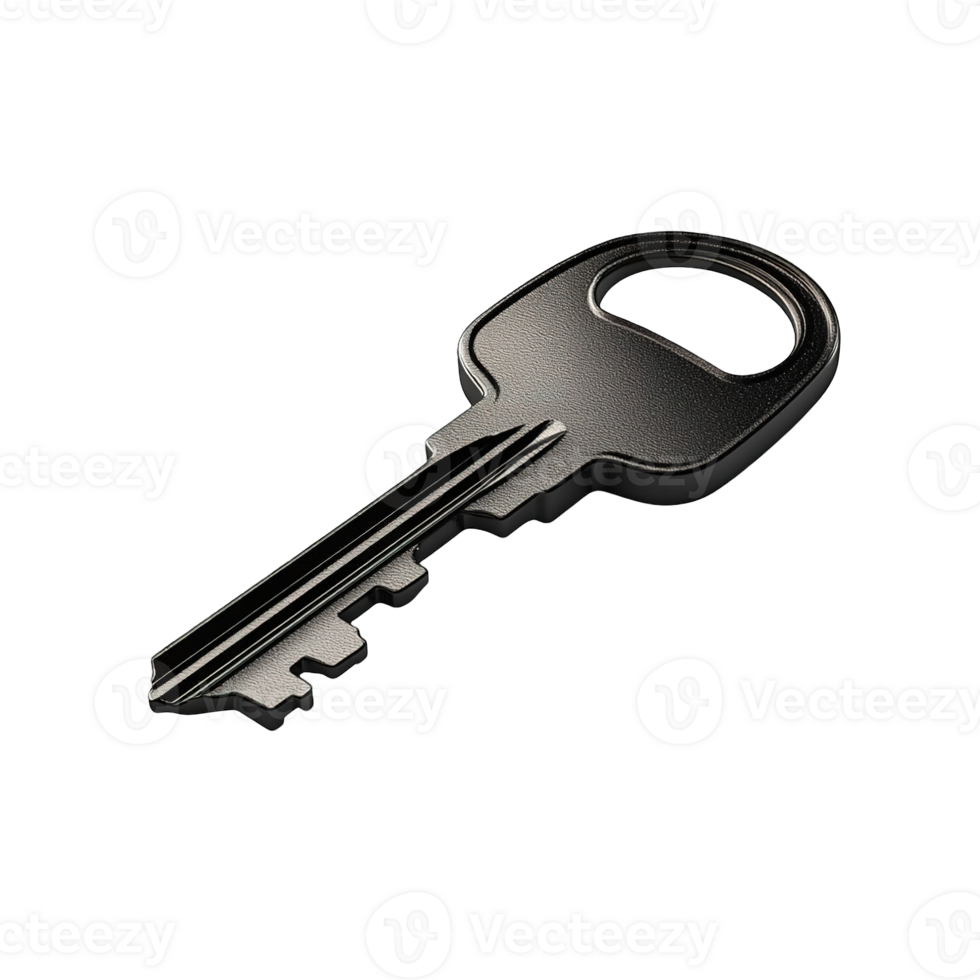 A single metallic key is presented isolated on transparent background png