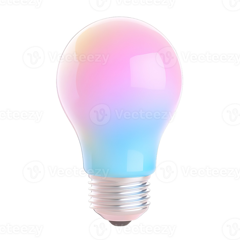 A colorful lightbulb illuminated with vibrant hues isolated on transparent background png