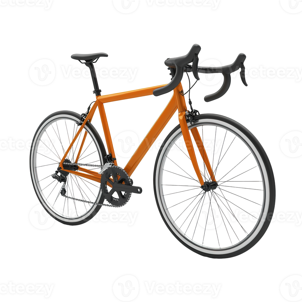 An orange road bicycle with black wheels and handlebars is presented png