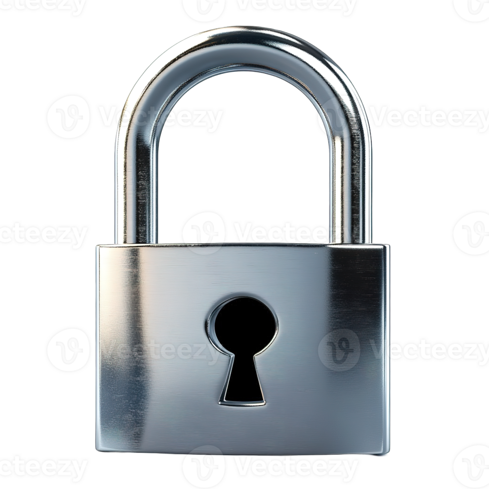 A shiny silver padlock with a keyhole is displayed in the image png