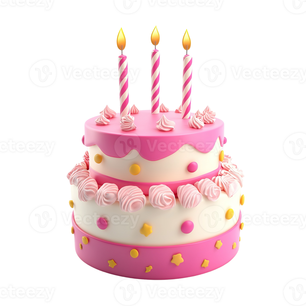 A two tiered pink birthday cake with candles and decorations png