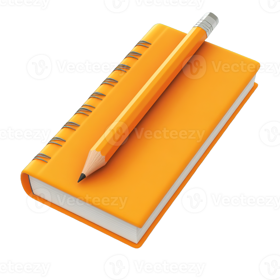 An orange notebook with a yellow pencil resting on top png
