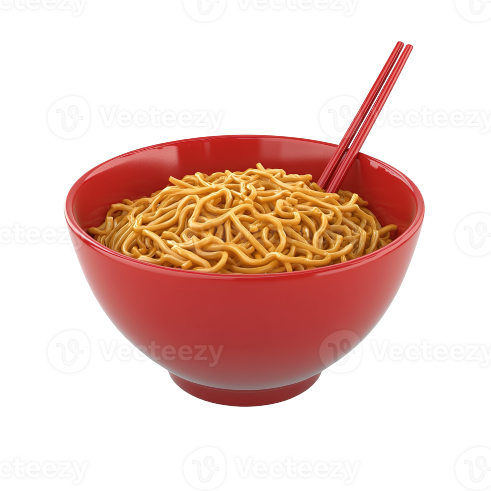A red bowl filled with noodles and wooden chopsticks png