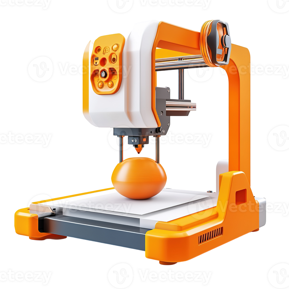A modern orange and white desktop three dimensional printer is shown png