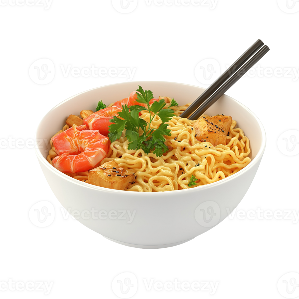 A delicious bowl of noodles with shrimp and tofu garnishes png