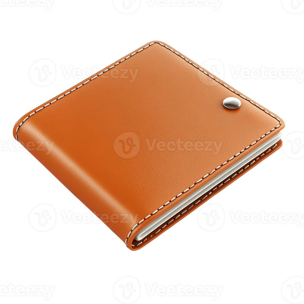 A brown leather wallet with white stitching and a metal snap png