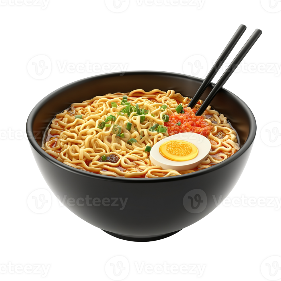 A bowl of delicious noodles with egg and chopsticks png
