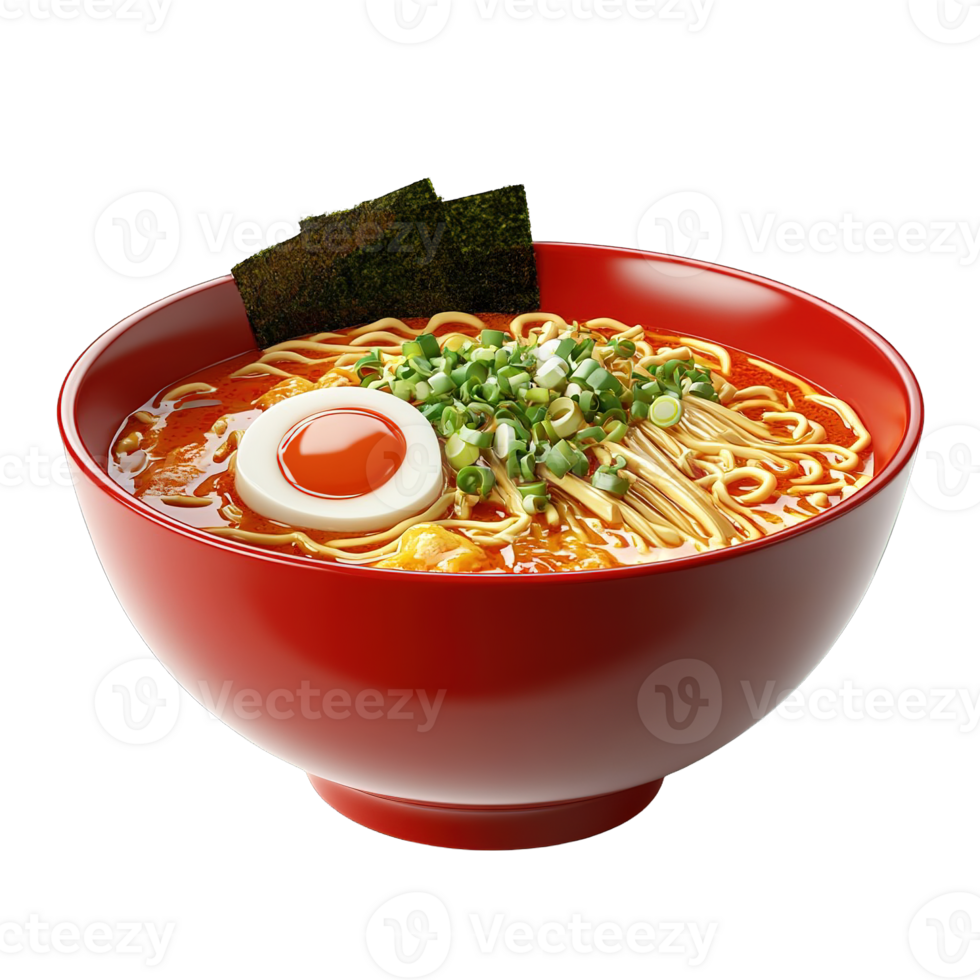 Delicious bowl of ramen noodles with various toppings presented nicely png