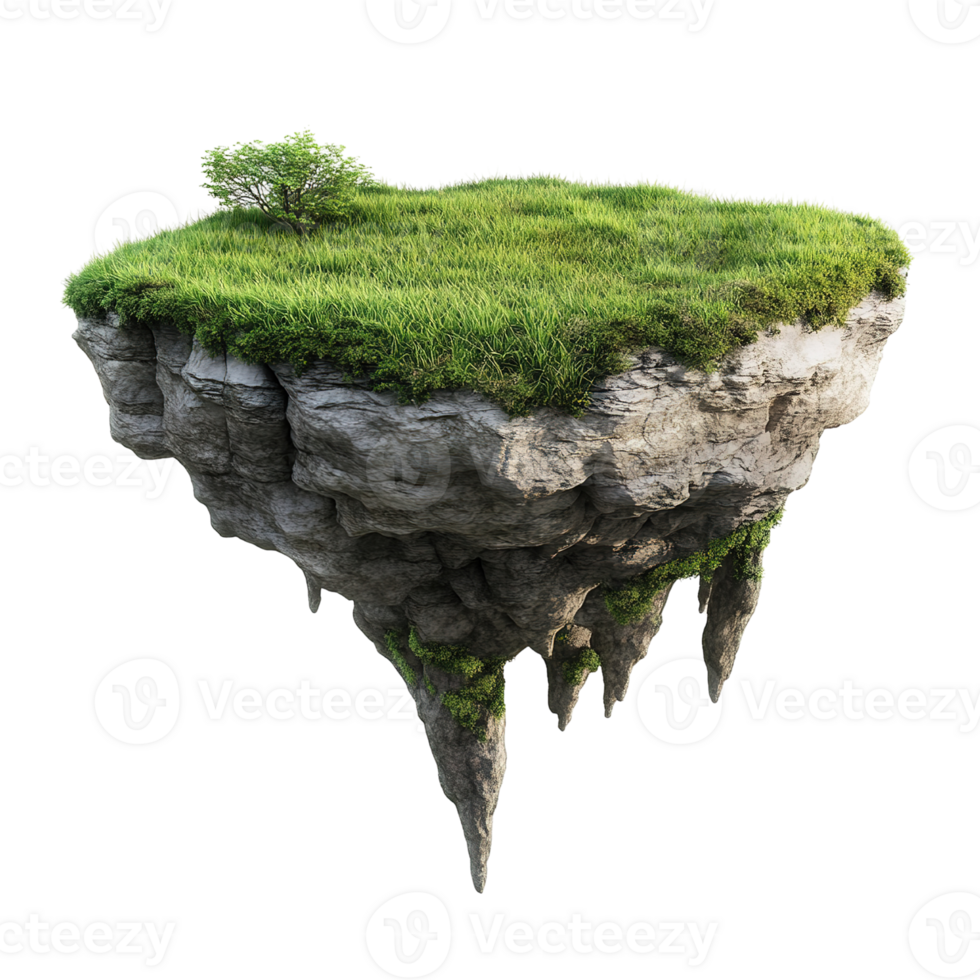 A fantastical floating island covered in grass and a small tree png