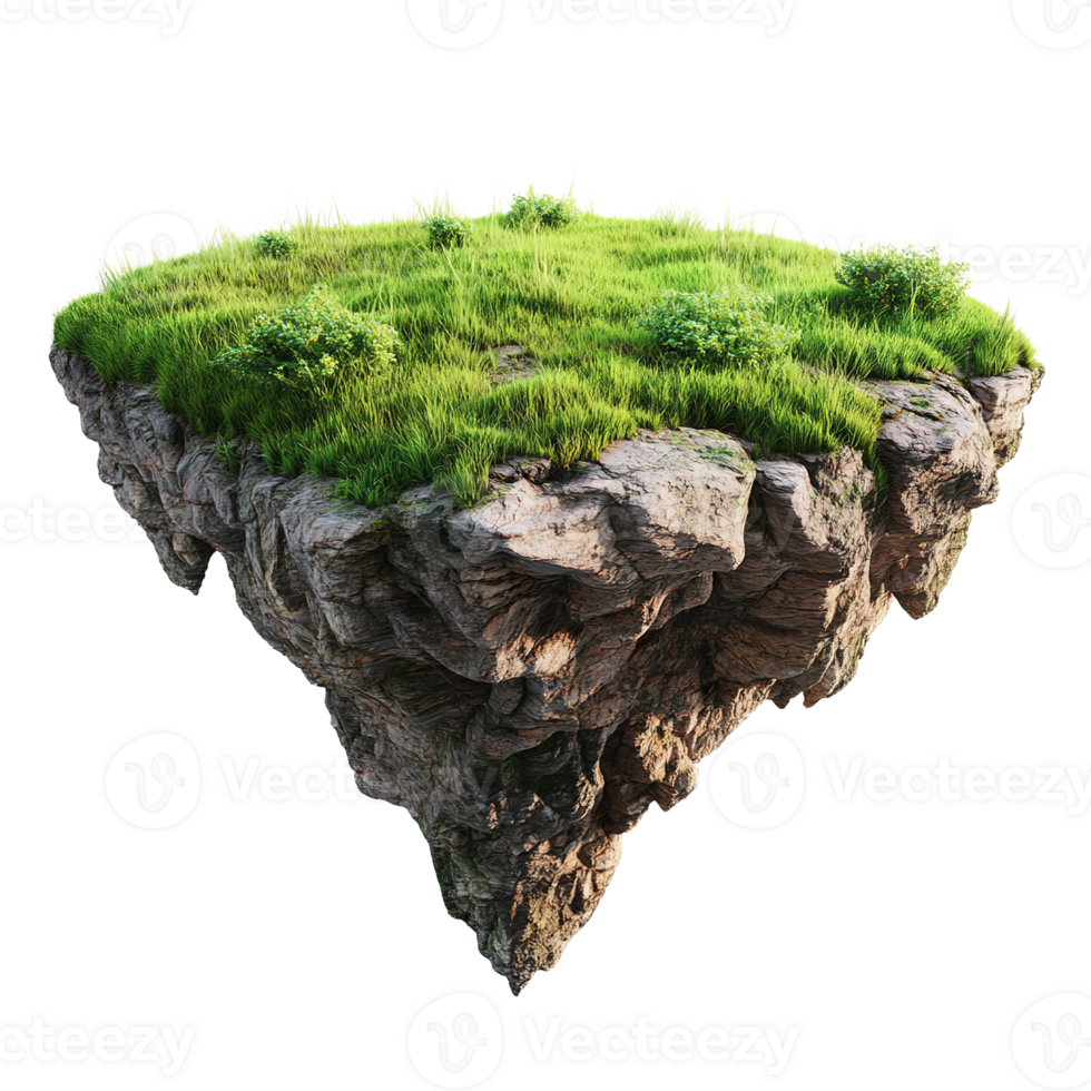 A miniature floating island featuring grass and rocky landscape png