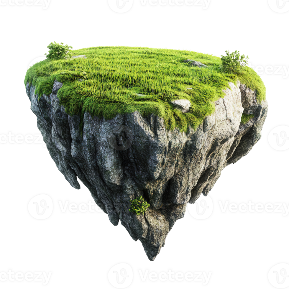 A solitary floating island with vibrant green grass and rock png