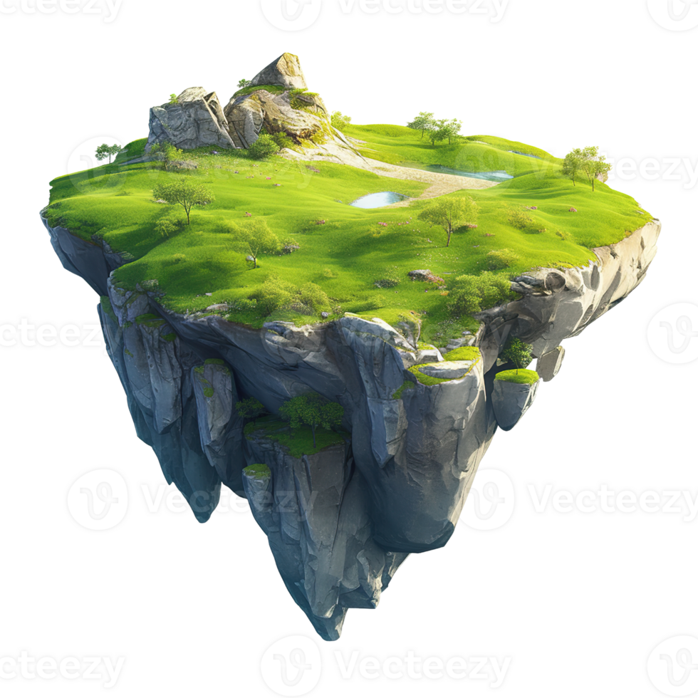 A whimsical island scene floats with lush greenery and stone cliffs png