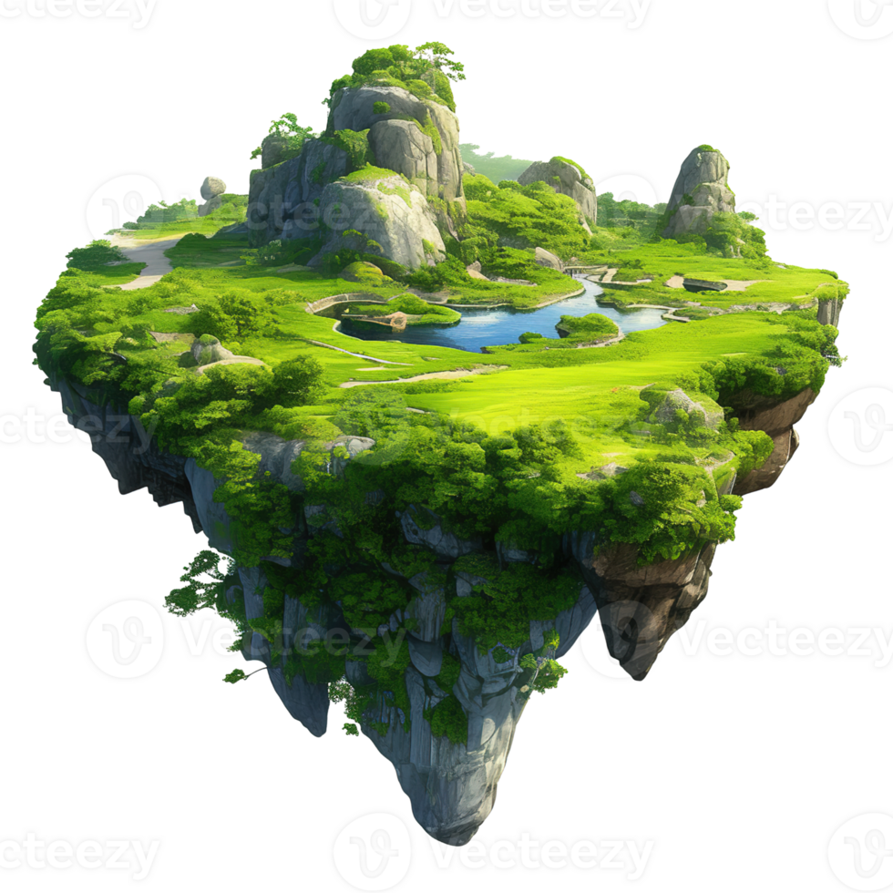 A floating island landscape featuring lush greenery and rocky mountains png
