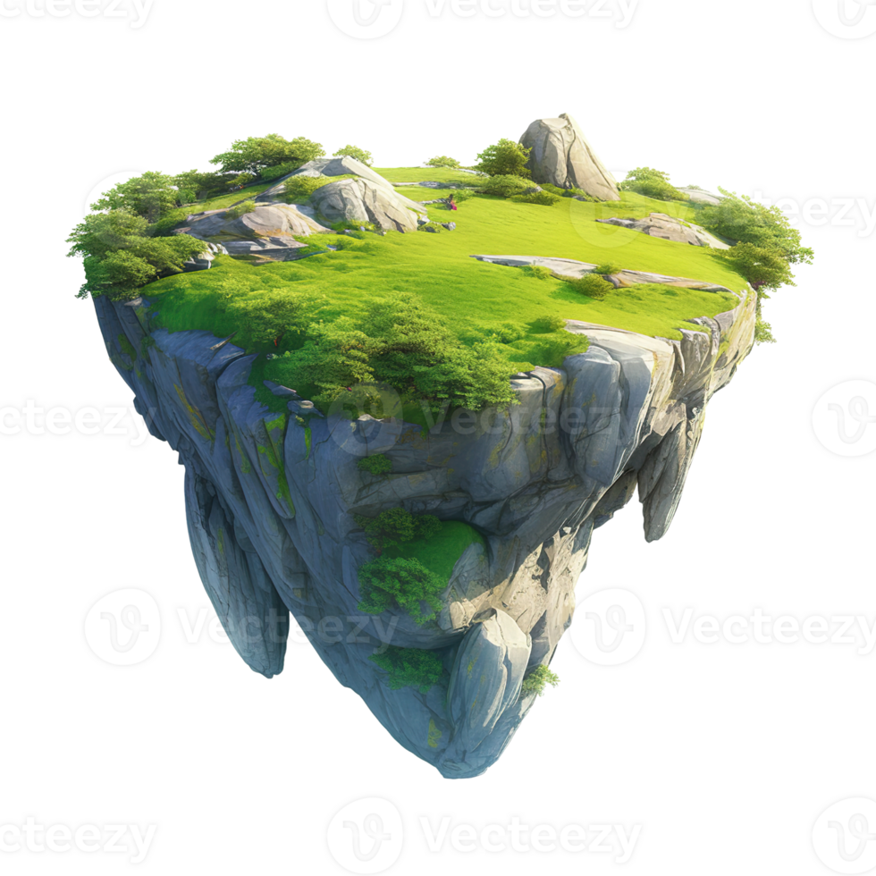 A visually stunning floating island with vibrant greenery and rocks png