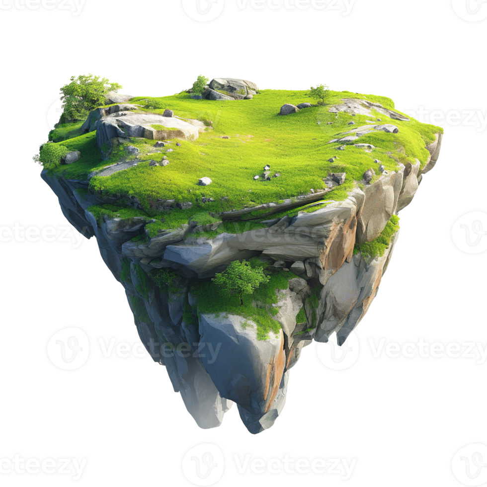 A unique floating island composed of rock grass and trees png
