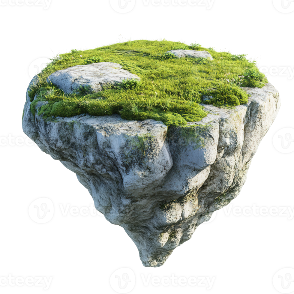 A floating island of rock covered with green grass and moss png