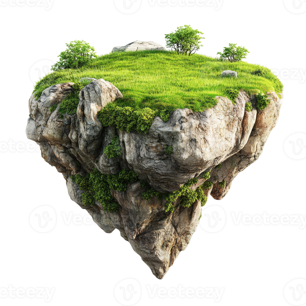 A floating island comprised of rock green grass and trees png