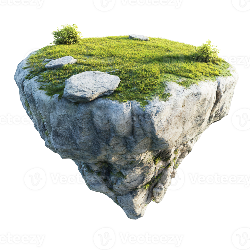 An isolated floating island of rock grass and bushes png