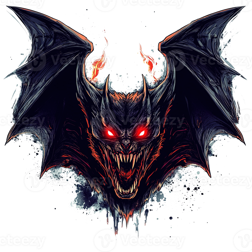 A fearsome creature with red eyes and large wings is depicted png